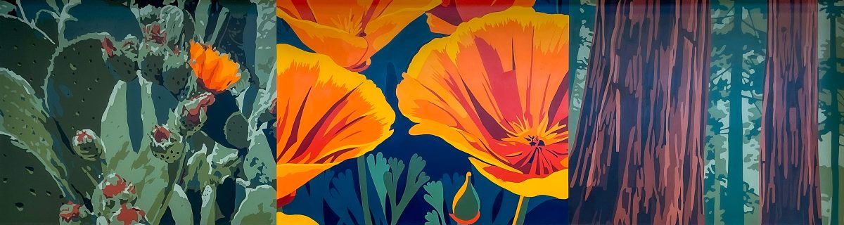 Painted mural triptych of California prickly pear, poppies, and redwoods in the Fresno airport terminal.