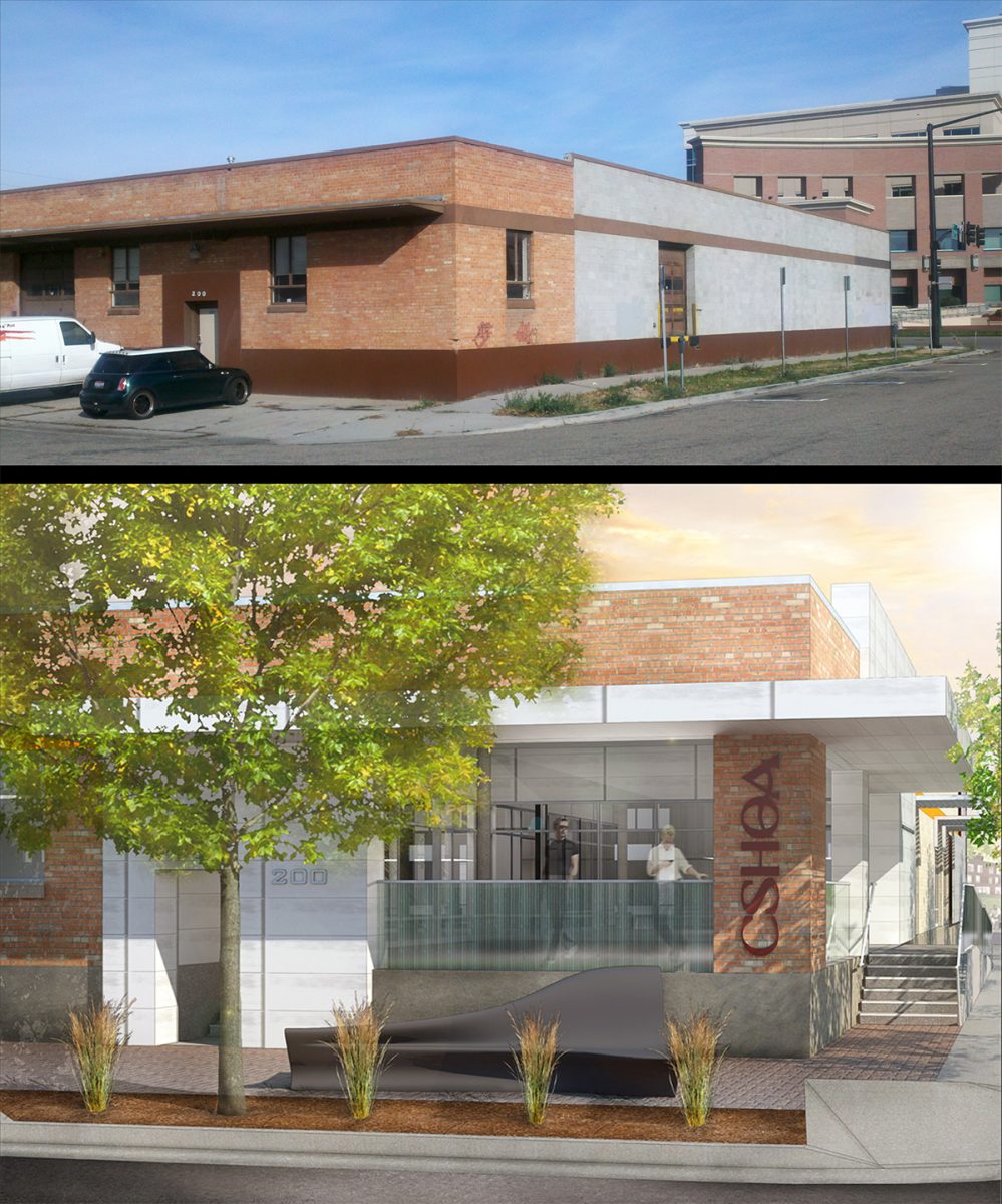 The 1950s brick warehouse at South 2nd Street and Broad Street before renovation and below 2013 rendering of the renovated CSHQA office