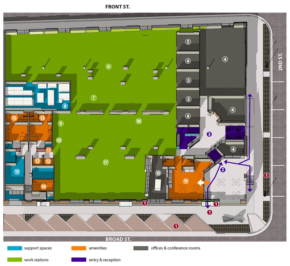 Floor plan of CSHQA’s Boise office showing workstations, offices and conference rooms, entry, amenities, and support spaces between Front Street, Broad Street, and South 2nd Street.