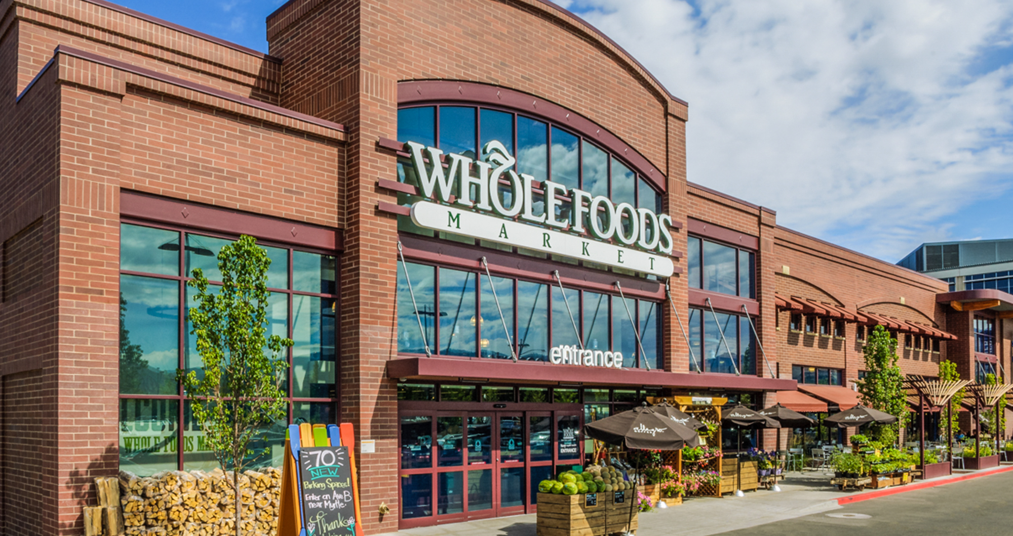 Brick facade and main entrance of the Whole Foods Market at River Park Place in downtown Boise.