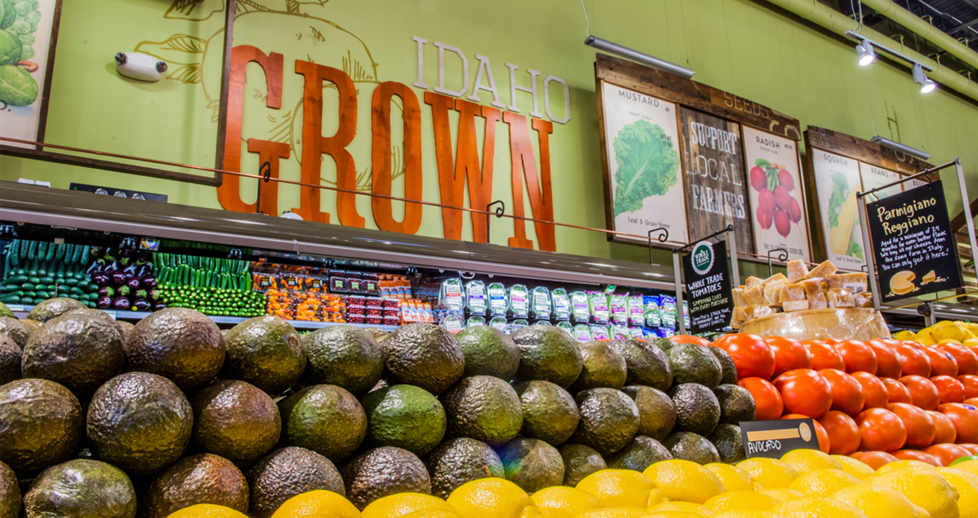 “Idaho Grown” signage above the produce department at Boise’s Whole Foods Market.